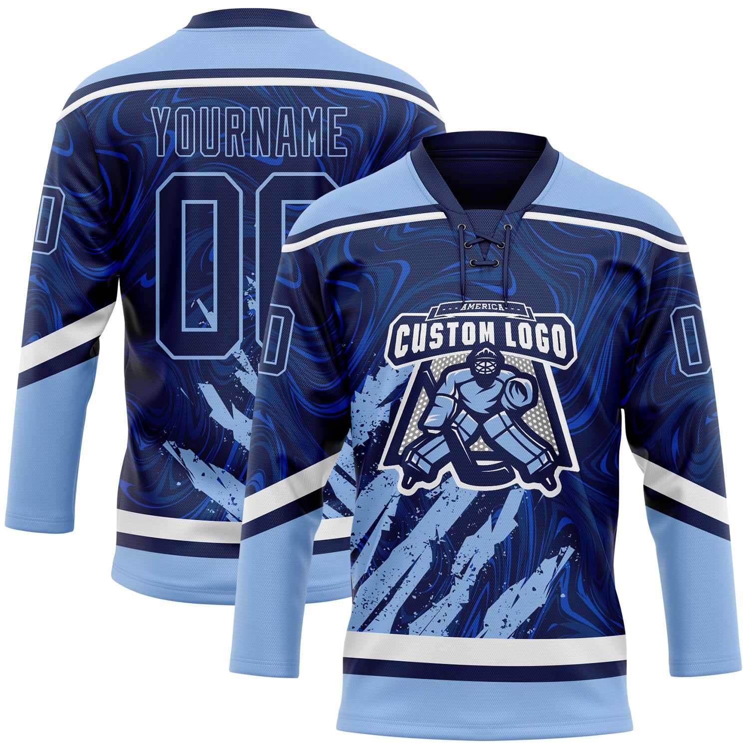 Custom Navy Light Blue-White 3D Splash Art Hockey Lace Neck Jersey