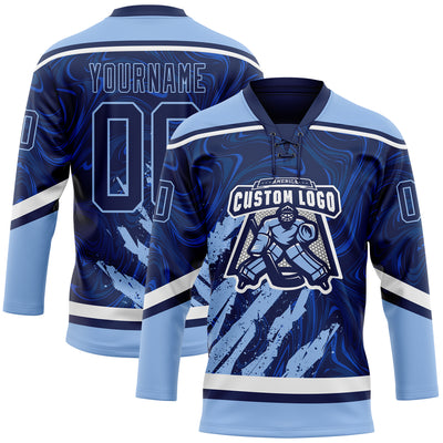 Custom Navy Light Blue-White 3D Splash Art Hockey Lace Neck Jersey