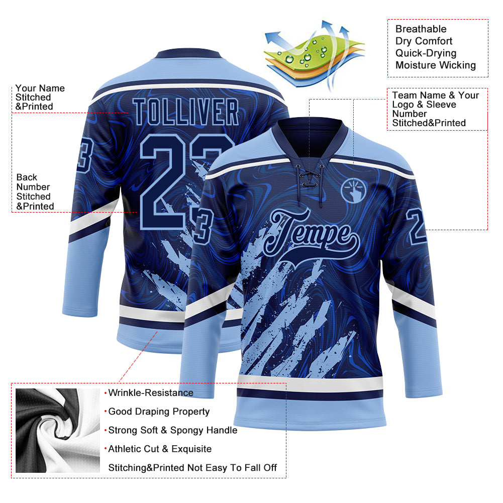 Custom Navy Light Blue-White 3D Splash Art Hockey Lace Neck Jersey