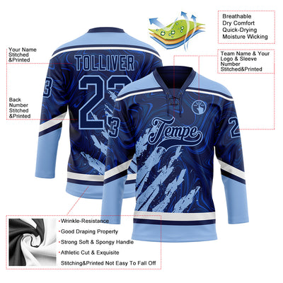Custom Navy Light Blue-White 3D Splash Art Hockey Lace Neck Jersey
