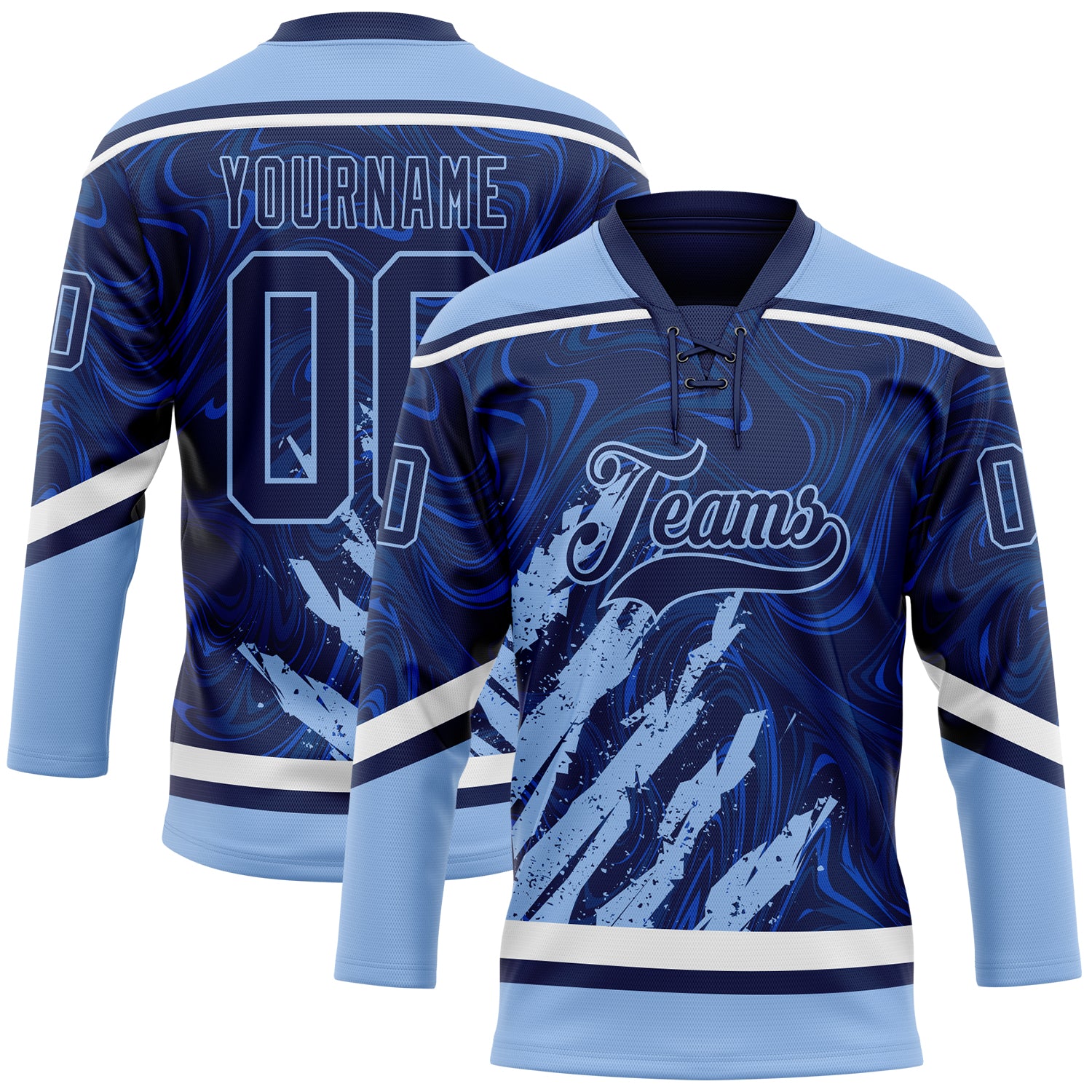 Custom Navy Light Blue-White 3D Splash Art Hockey Lace Neck Jersey