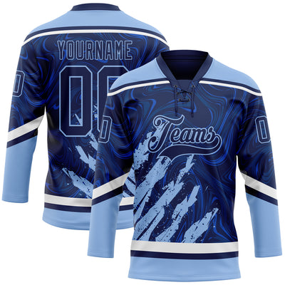 Custom Navy Light Blue-White 3D Splash Art Hockey Lace Neck Jersey
