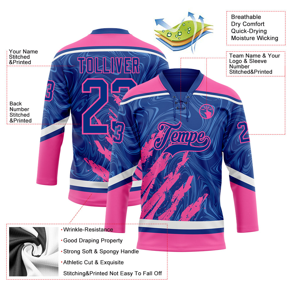 Custom Royal Pink-White 3D Splash Art Hockey Lace Neck Jersey