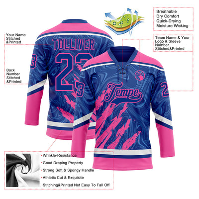 Custom Royal Pink-White 3D Splash Art Hockey Lace Neck Jersey
