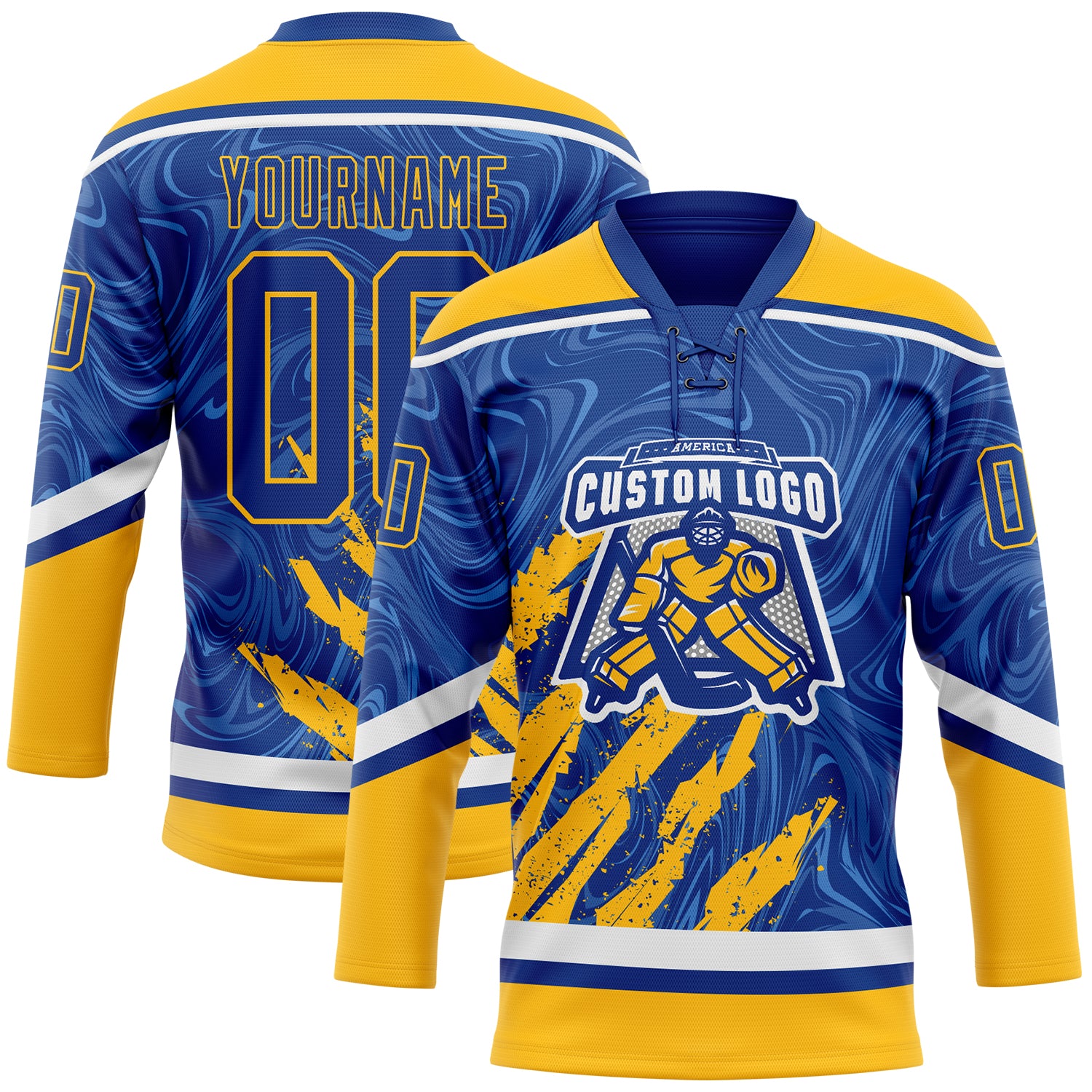 Custom Royal Gold-White 3D Splash Art Hockey Lace Neck Jersey