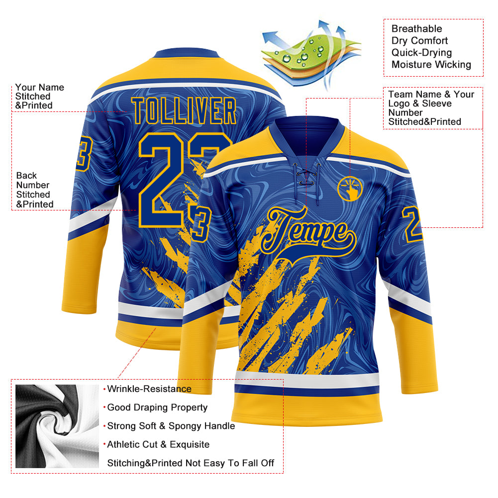 Custom Royal Gold-White 3D Splash Art Hockey Lace Neck Jersey