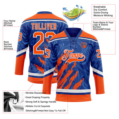 Custom Royal Orange-White 3D Splash Art Hockey Lace Neck Jersey