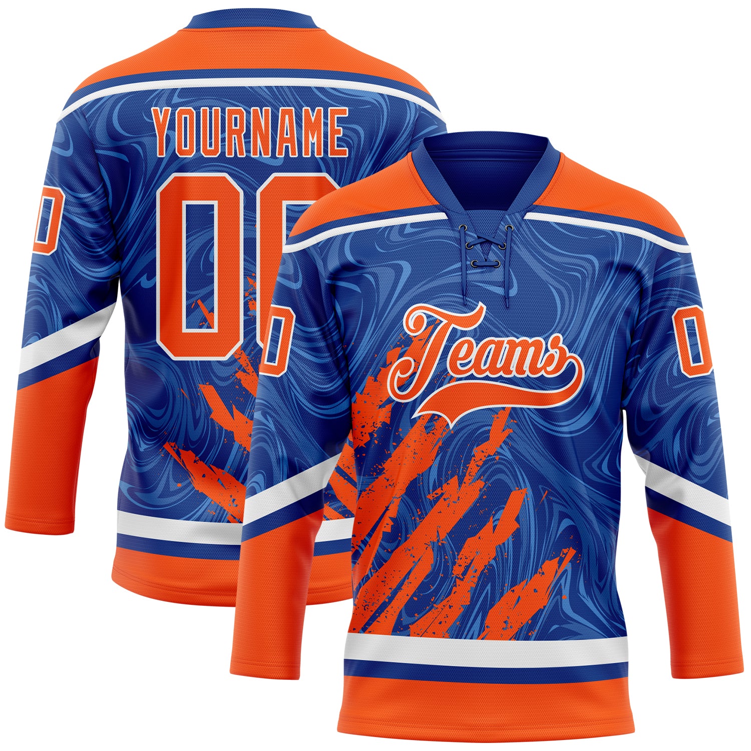 Custom Royal Orange-White 3D Splash Art Hockey Lace Neck Jersey