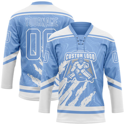 Custom Light Blue White 3D Splash Art Hockey Lace Neck Jersey