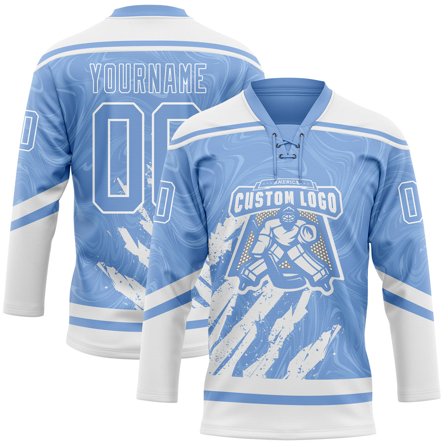 Custom Light Blue White 3D Splash Art Hockey Lace Neck Jersey