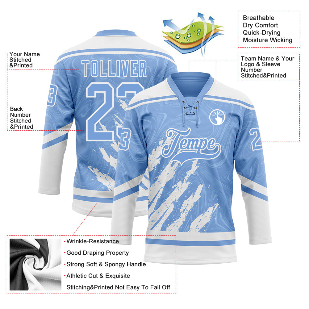 Custom Light Blue White 3D Splash Art Hockey Lace Neck Jersey