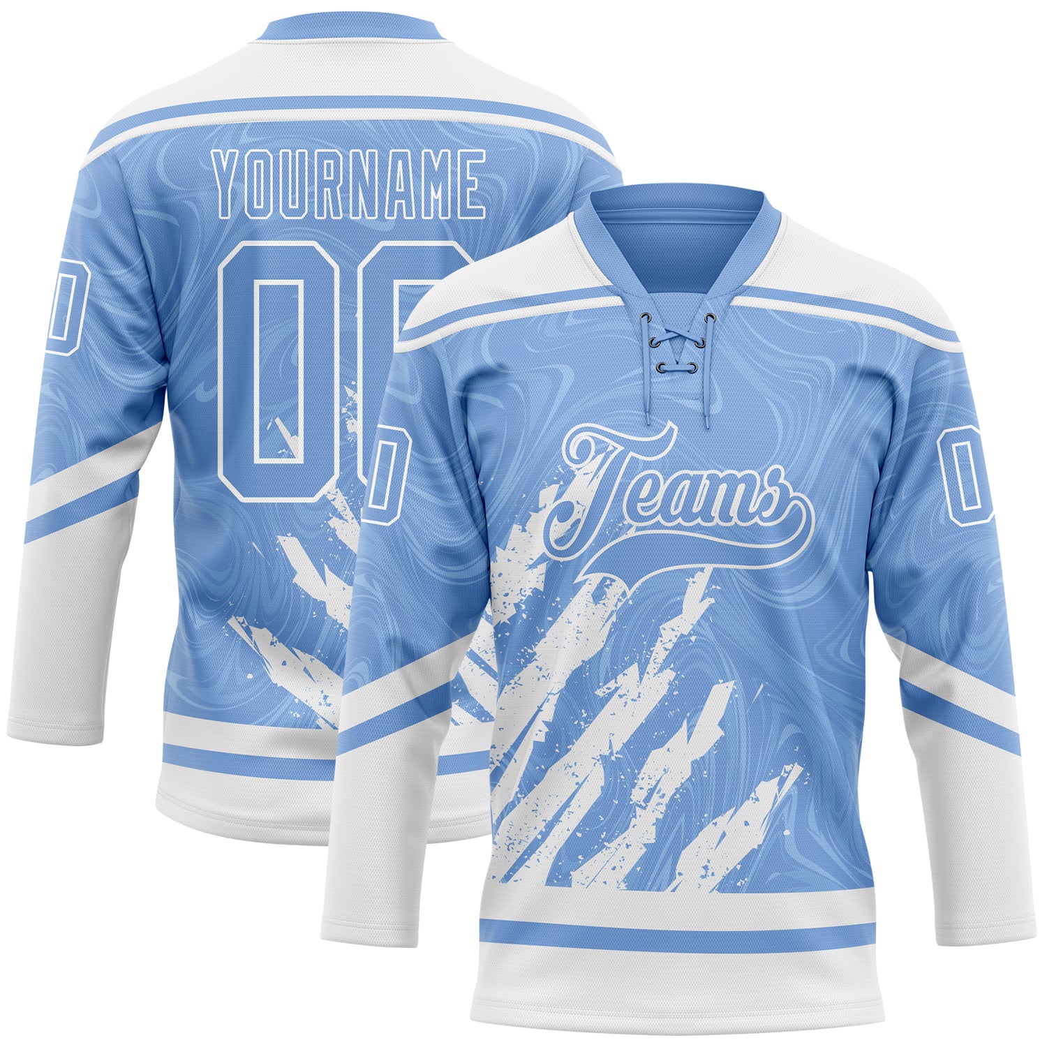 Custom Light Blue White 3D Splash Art Hockey Lace Neck Jersey