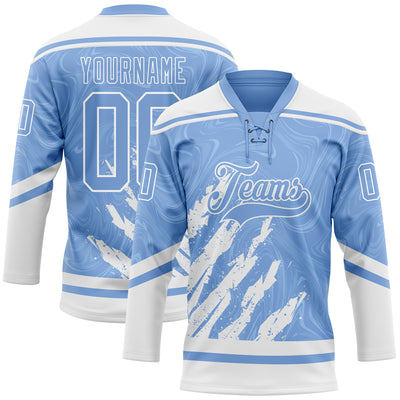 Custom Light Blue White 3D Splash Art Hockey Lace Neck Jersey