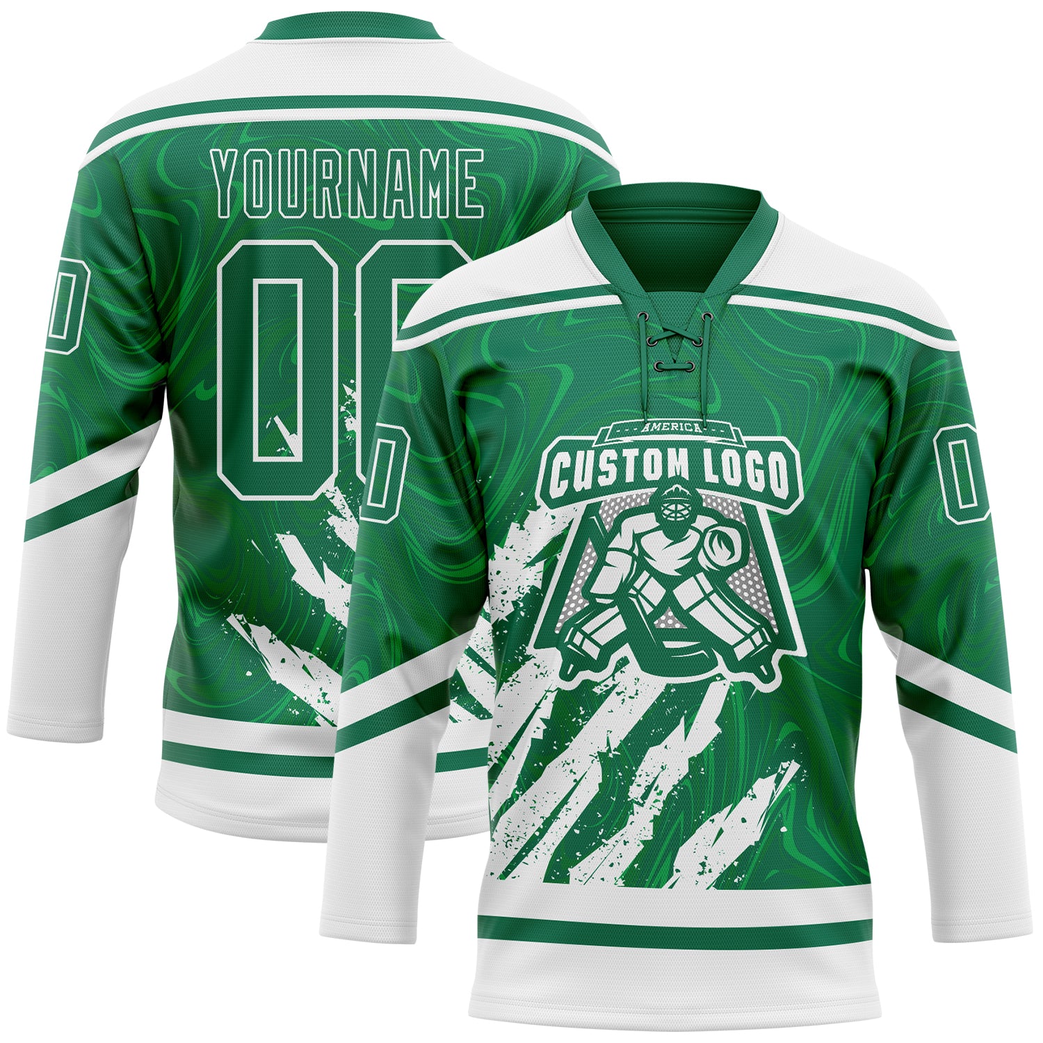Custom Kelly Green White 3D Splash Art Hockey Lace Neck Jersey