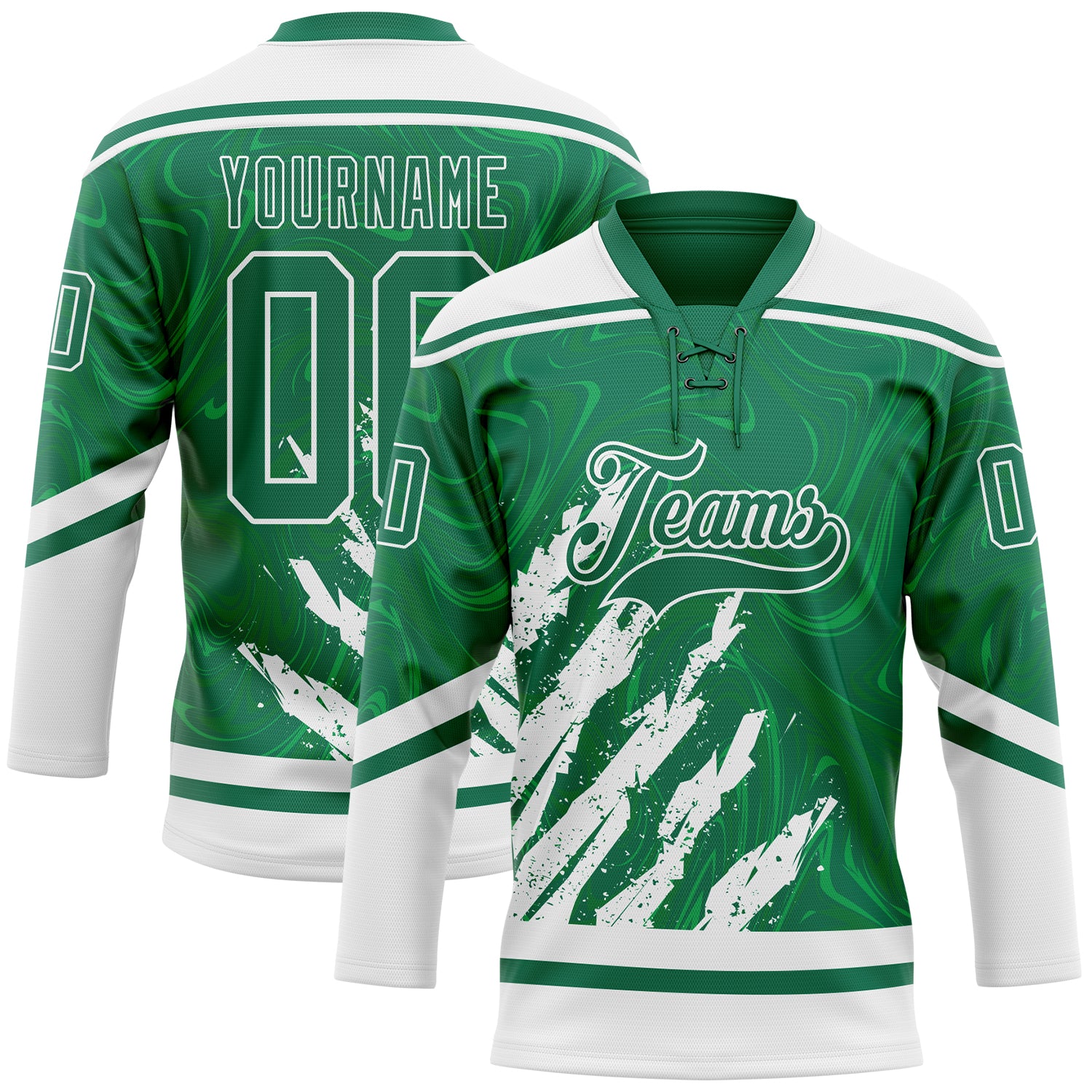 Custom Kelly Green White 3D Splash Art Hockey Lace Neck Jersey