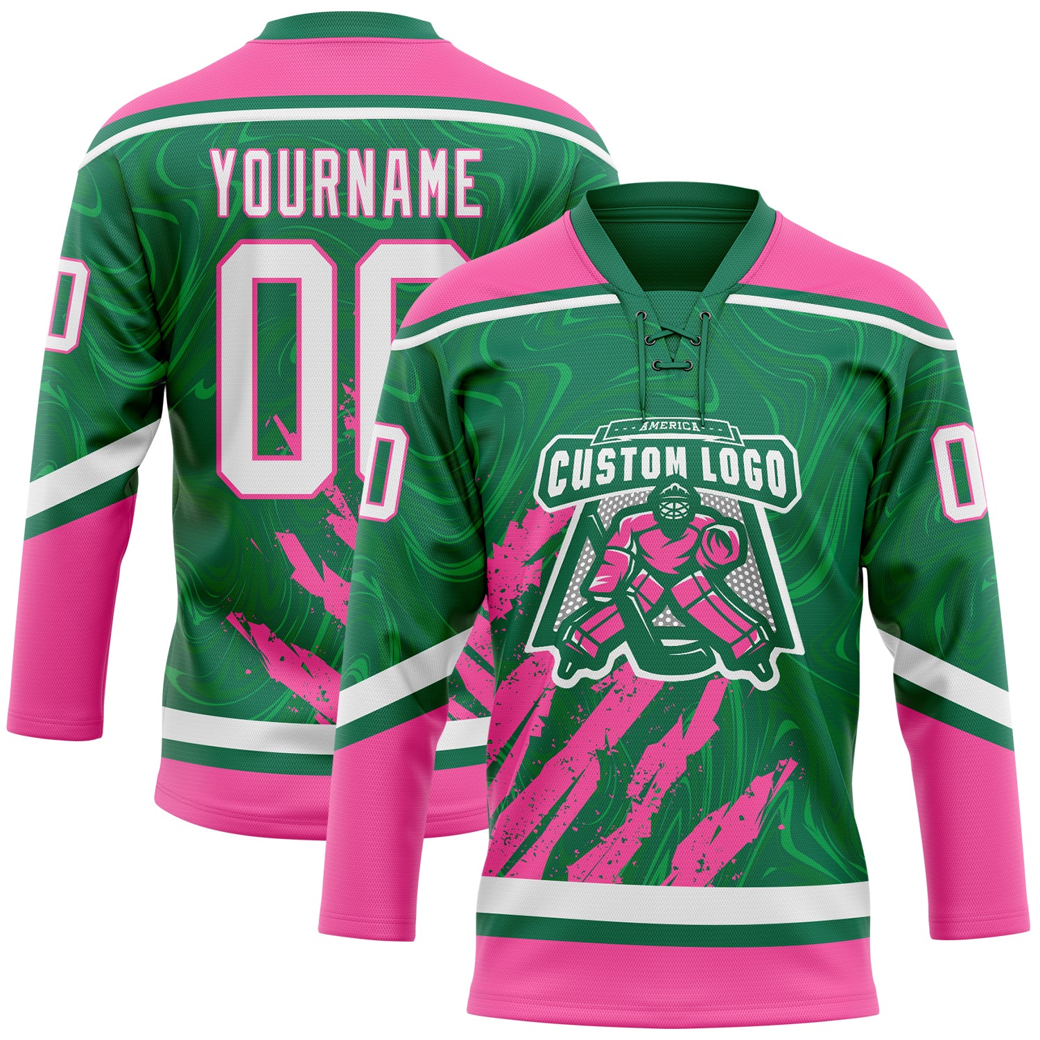 Custom Kelly Green White-Pink 3D Splash Art Hockey Lace Neck Jersey