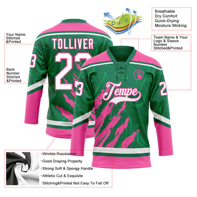 Custom Kelly Green White-Pink 3D Splash Art Hockey Lace Neck Jersey