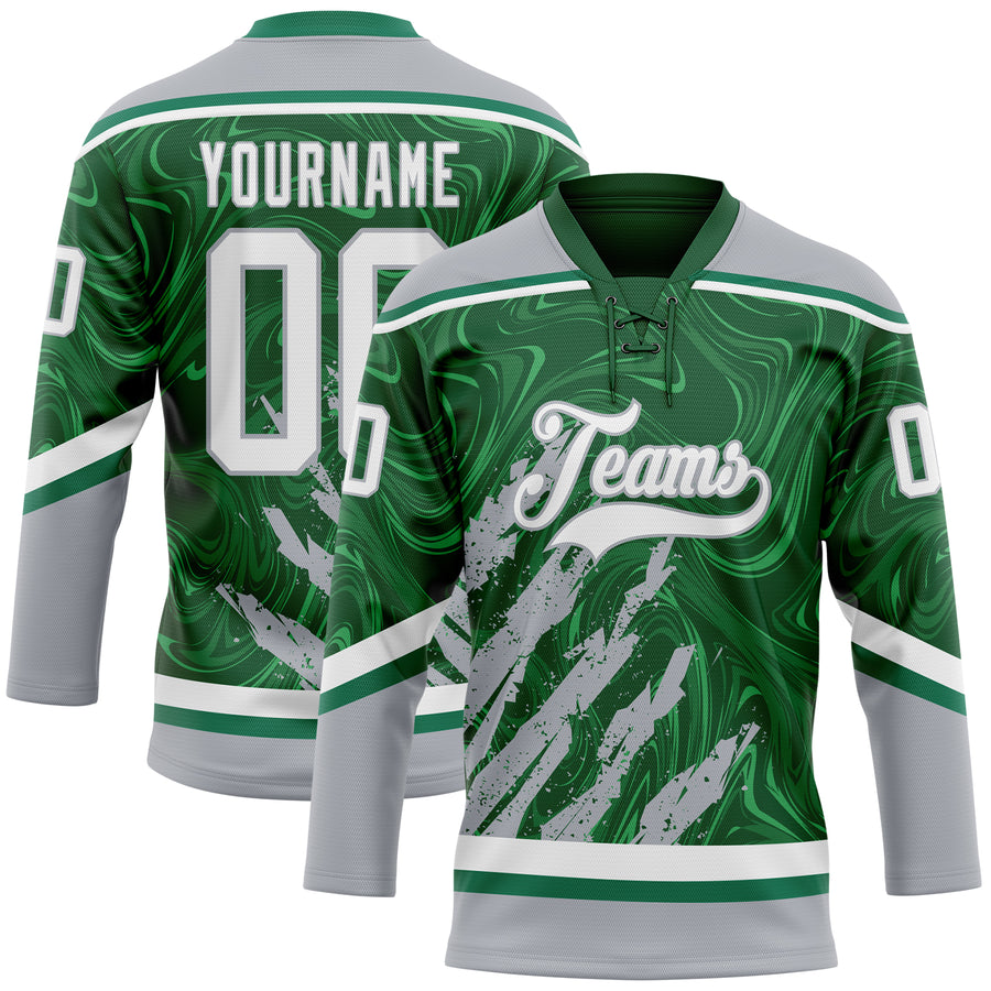 Custom Green White-Gray 3D Splash Art Hockey Lace Neck Jersey