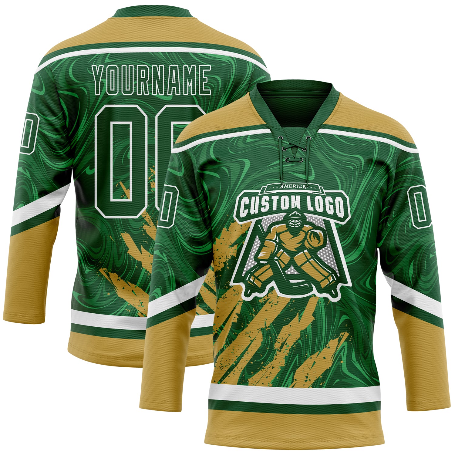 Custom Green Old Gold-White 3D Splash Art Hockey Lace Neck Jersey