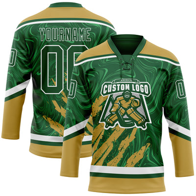 Custom Green Old Gold-White 3D Splash Art Hockey Lace Neck Jersey