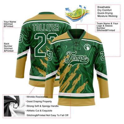 Custom Green Old Gold-White 3D Splash Art Hockey Lace Neck Jersey