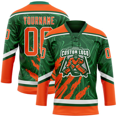 Custom Green Orange-White 3D Splash Art Hockey Lace Neck Jersey