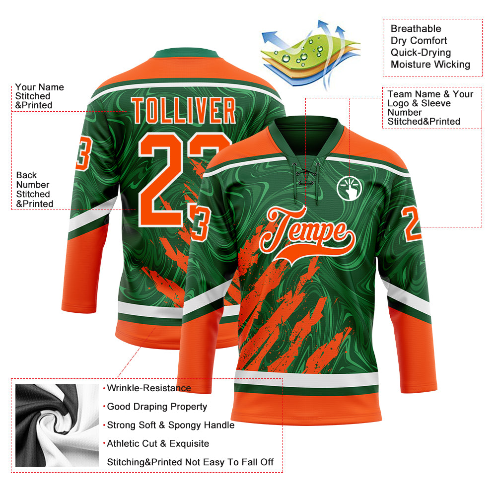 Custom Green Orange-White 3D Splash Art Hockey Lace Neck Jersey