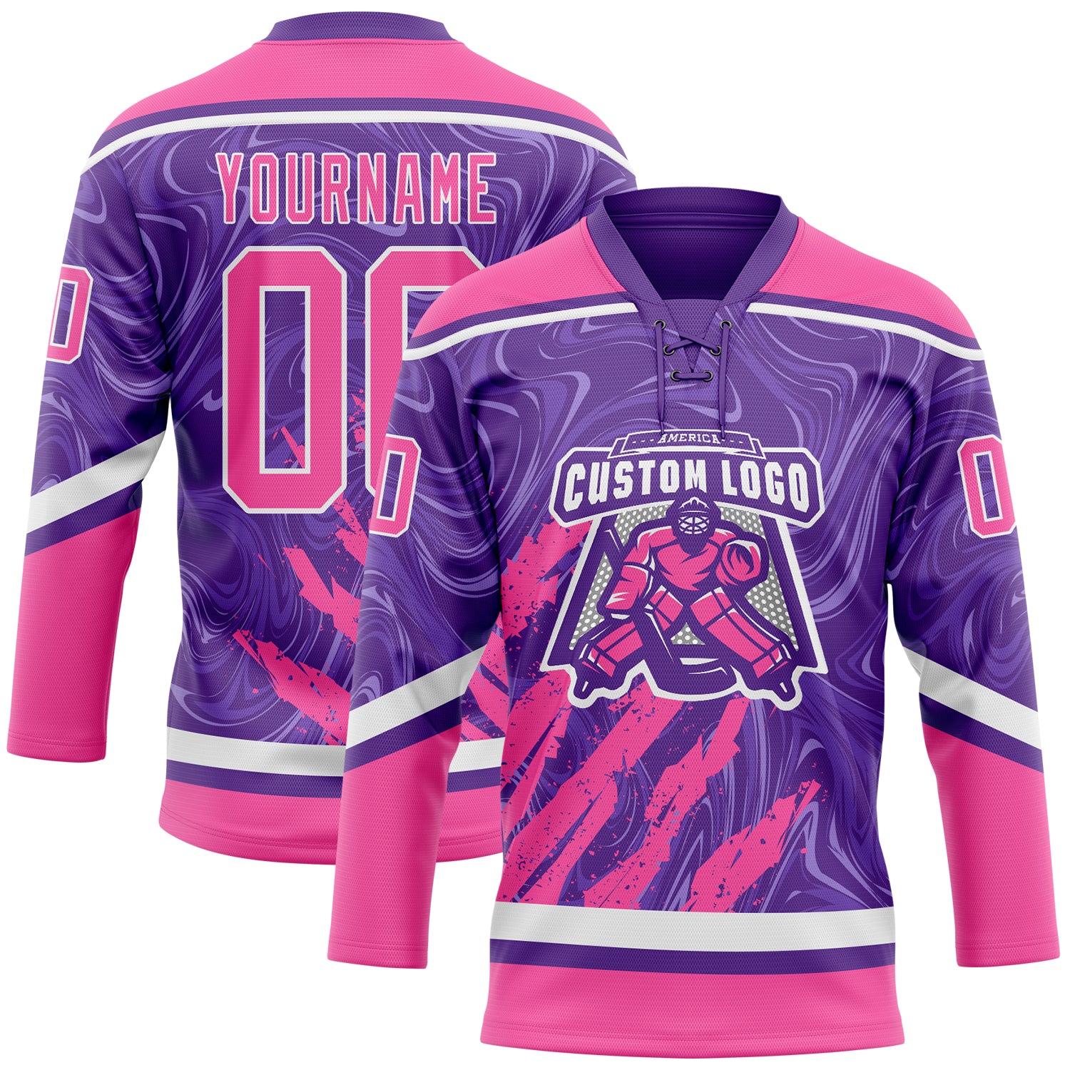 Custom Purple Pink-White 3D Splash Art Hockey Lace Neck Jersey
