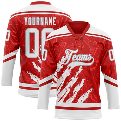 Custom Red White-Gray 3D Splash Art Hockey Lace Neck Jersey