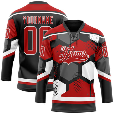 Custom Red Black-White 3D Pattern Geometric Shape Hockey Lace Neck Jersey