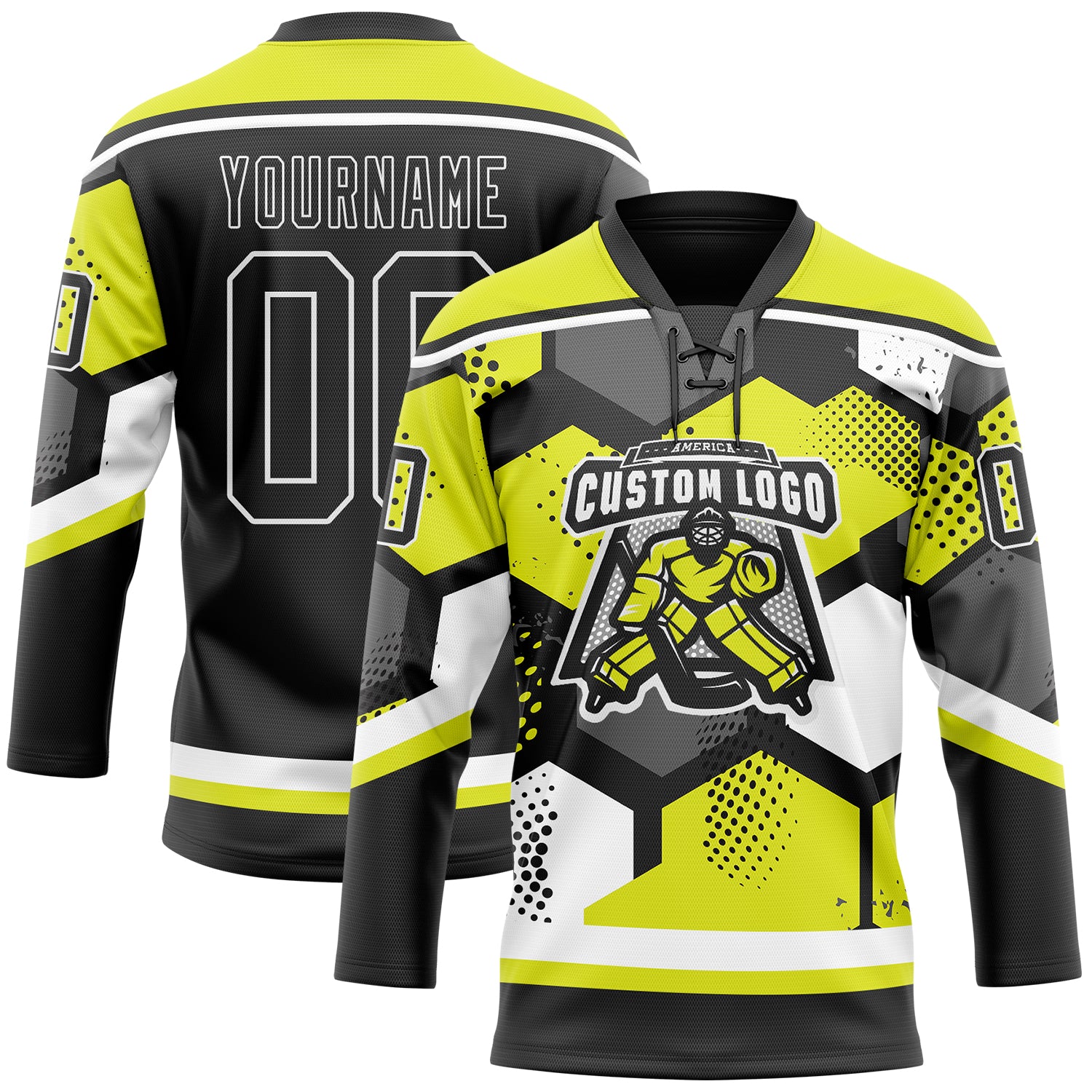 Custom Neon Yellow Black-White 3D Pattern Geometric Shape Hockey Lace Neck Jersey