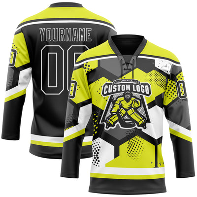 Custom Neon Yellow Black-White 3D Pattern Geometric Shape Hockey Lace Neck Jersey