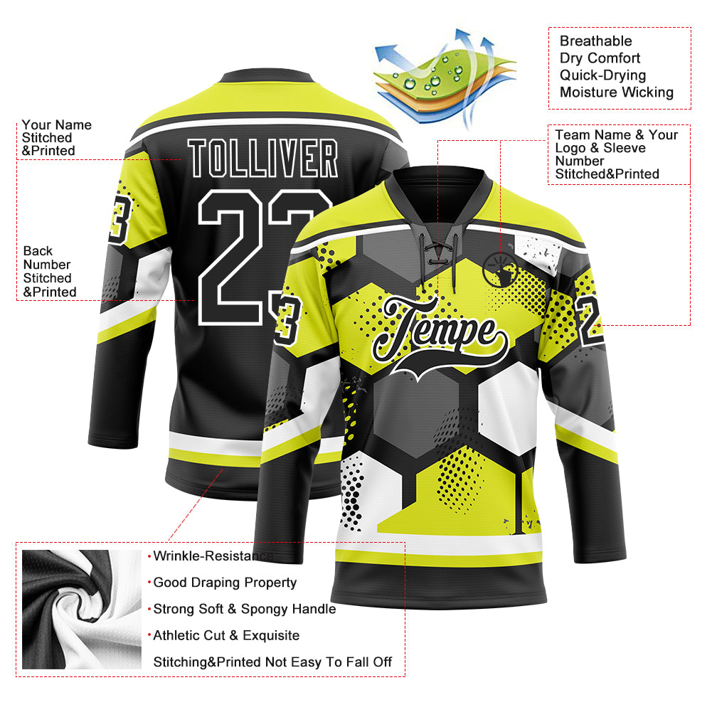 Custom Neon Yellow Black-White 3D Pattern Geometric Shape Hockey Lace Neck Jersey