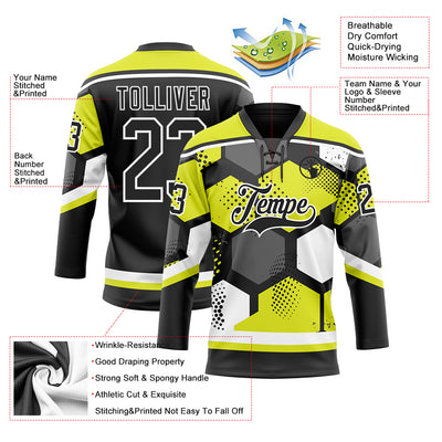 Custom Neon Yellow Black-White 3D Pattern Geometric Shape Hockey Lace Neck Jersey