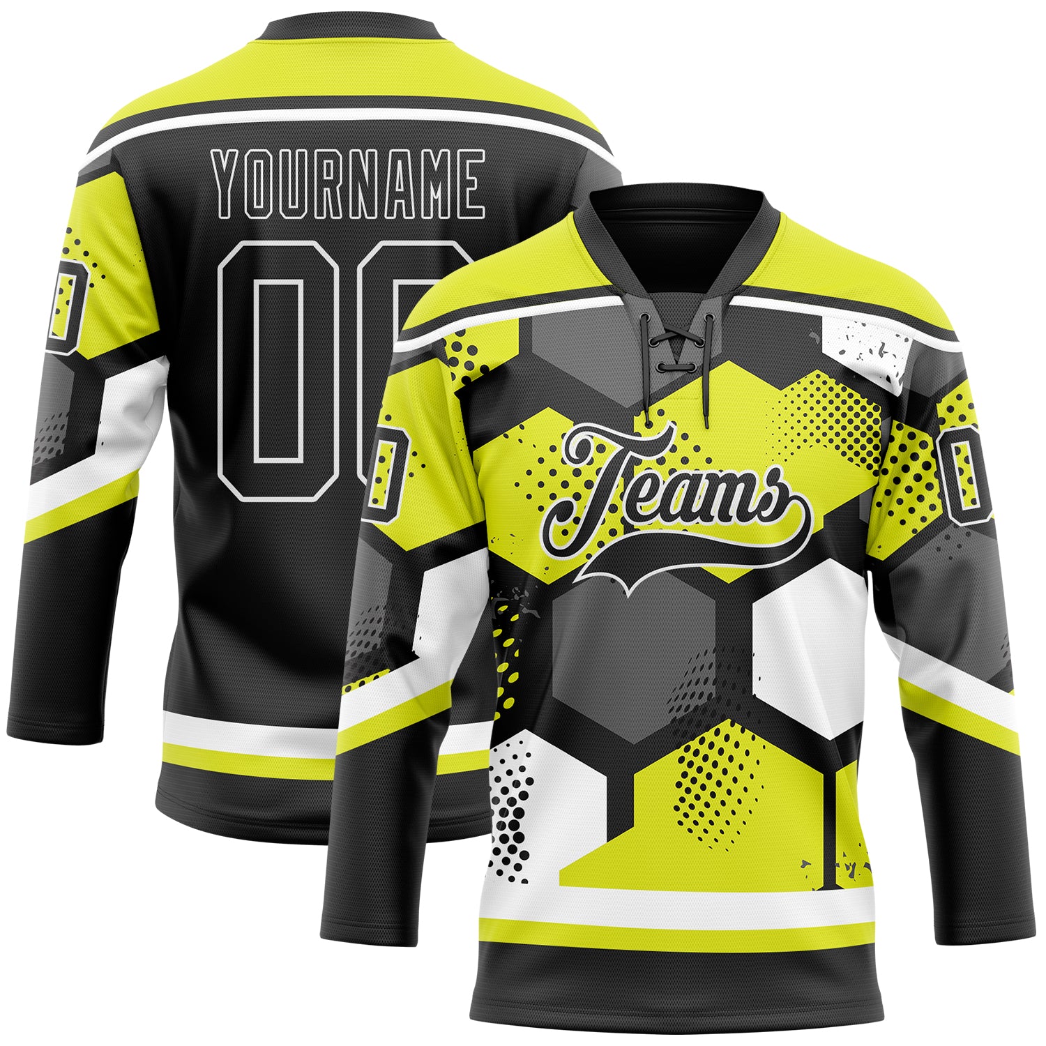 Custom Neon Yellow Black-White 3D Pattern Geometric Shape Hockey Lace Neck Jersey