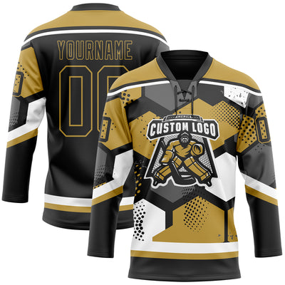 Custom Old Gold Black-White 3D Pattern Geometric Shape Hockey Lace Neck Jersey