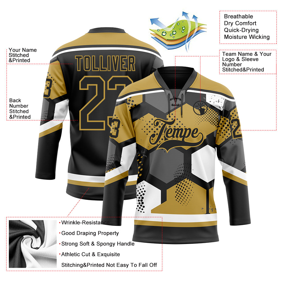 Custom Old Gold Black-White 3D Pattern Geometric Shape Hockey Lace Neck Jersey