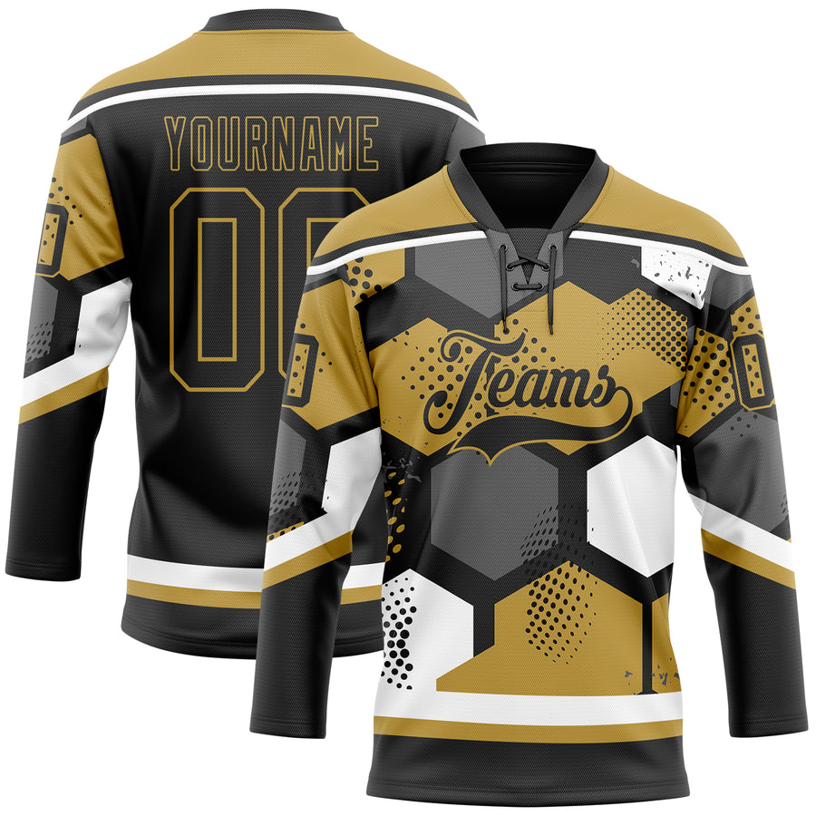 Custom Old Gold Black-White 3D Pattern Geometric Shape Hockey Lace Neck Jersey