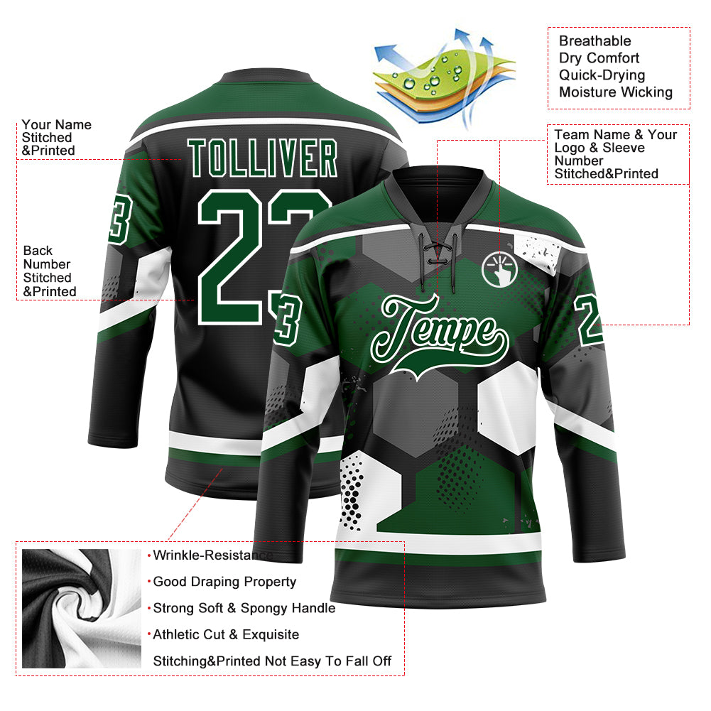 Custom Green Black-White 3D Pattern Geometric Shape Hockey Lace Neck Jersey