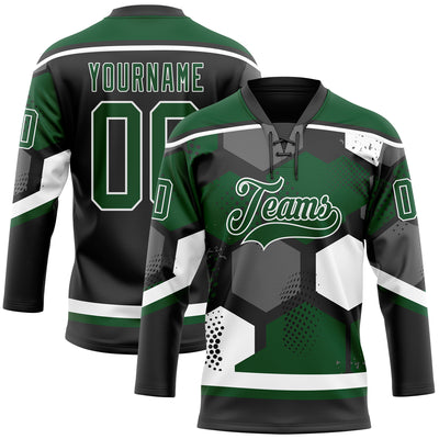 Custom Green Black-White 3D Pattern Geometric Shape Hockey Lace Neck Jersey