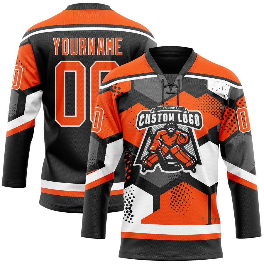 Custom Orange Black-White 3D Pattern Geometric Shape Hockey Lace Neck Jersey