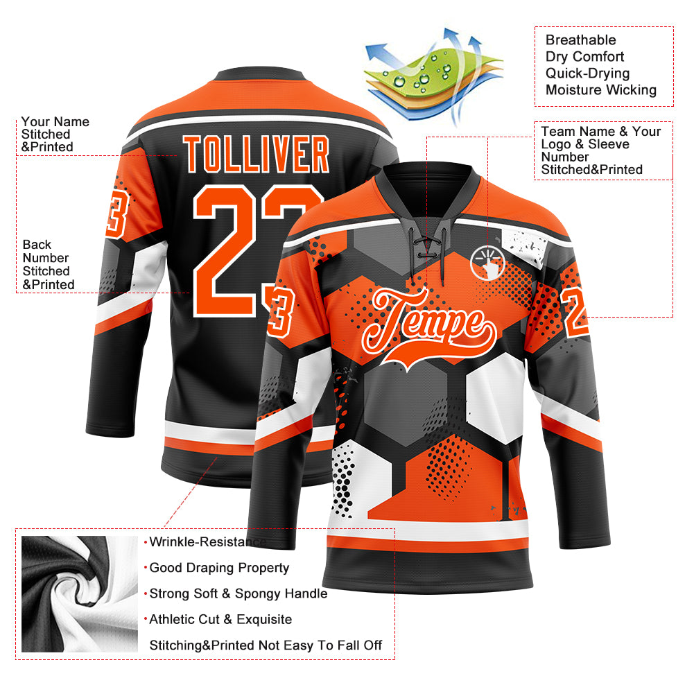Custom Orange Black-White 3D Pattern Geometric Shape Hockey Lace Neck Jersey