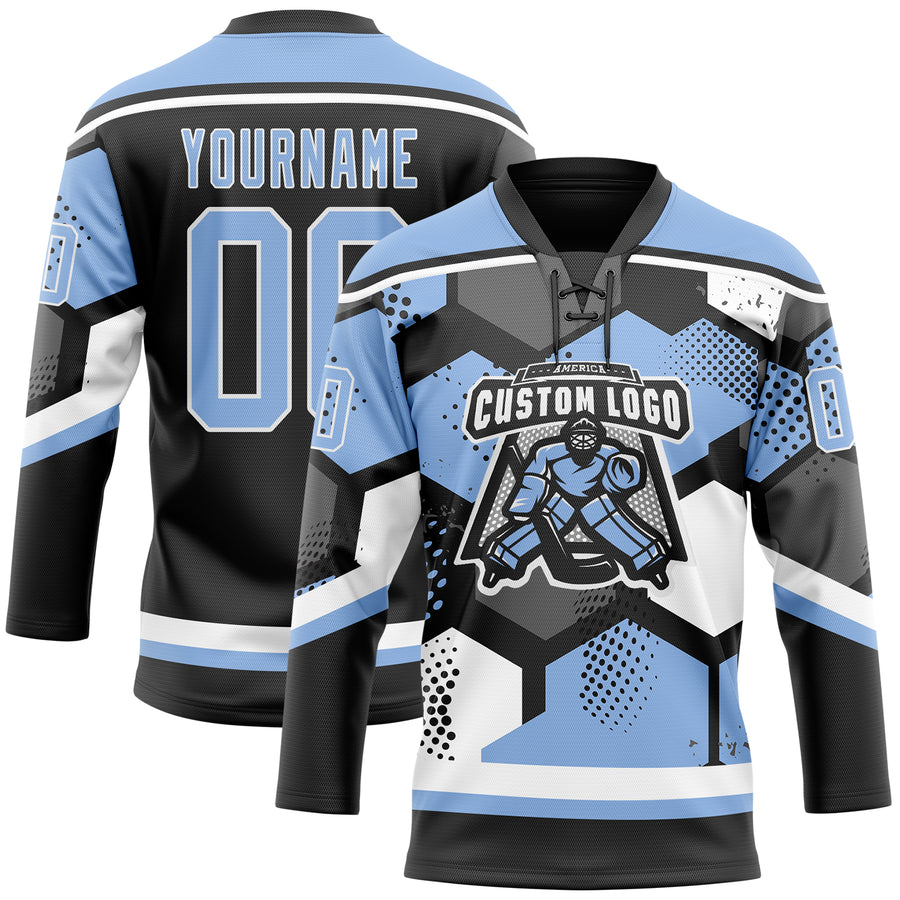 Custom Light Blue Black-White 3D Pattern Geometric Shape Hockey Lace Neck Jersey