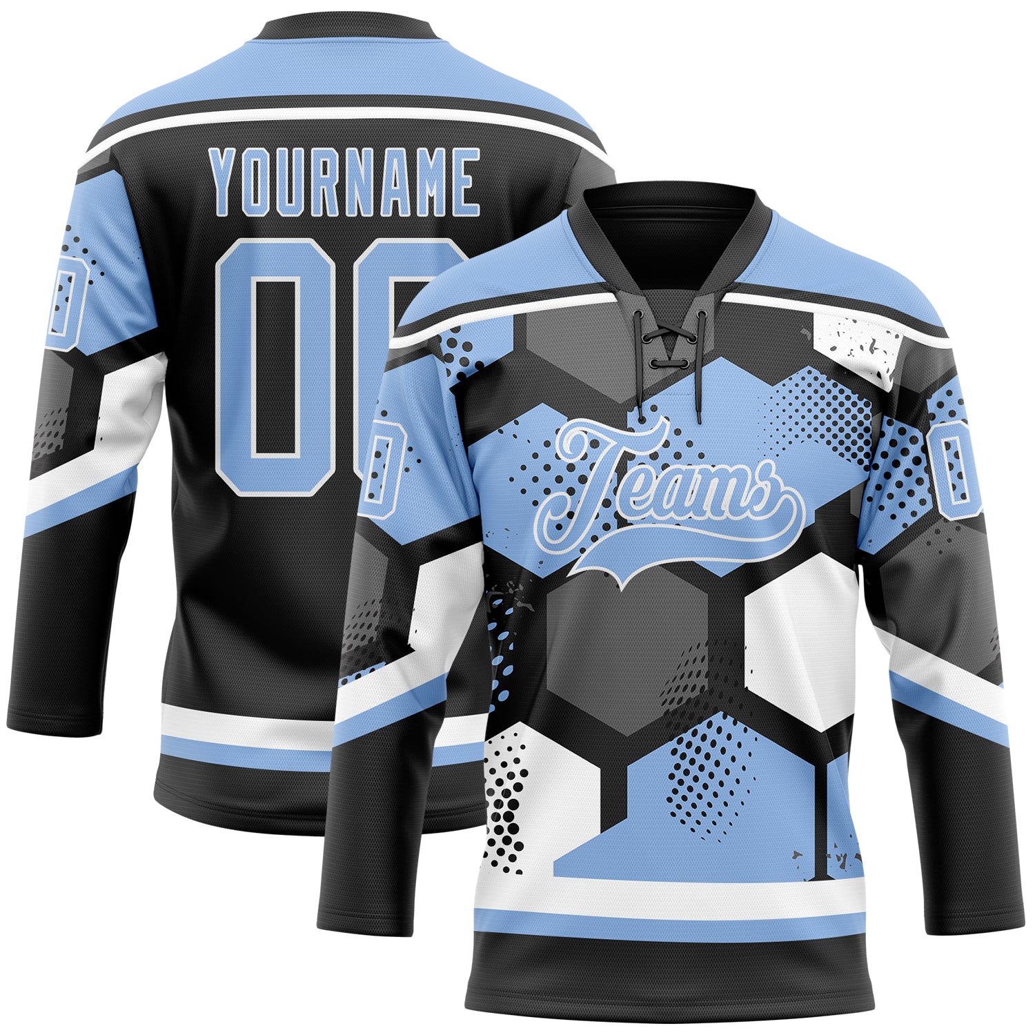 Custom Light Blue Black-White 3D Pattern Geometric Shape Hockey Lace Neck Jersey
