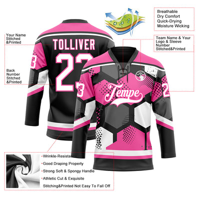 Custom Pink White-Black 3D Pattern Geometric Shape Hockey Lace Neck Jersey