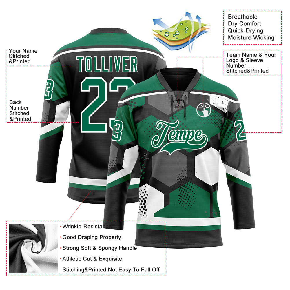 Custom Kelly Green Black-White 3D Pattern Geometric Shape Hockey Lace Neck Jersey