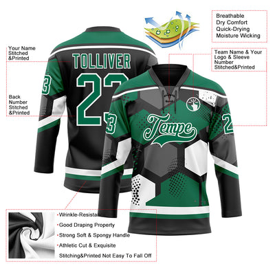 Custom Kelly Green Black-White 3D Pattern Geometric Shape Hockey Lace Neck Jersey