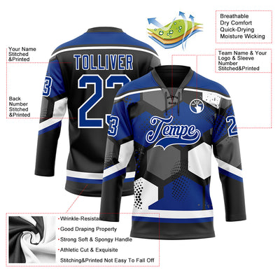 Custom Royal Black-White 3D Pattern Geometric Shape Hockey Lace Neck Jersey