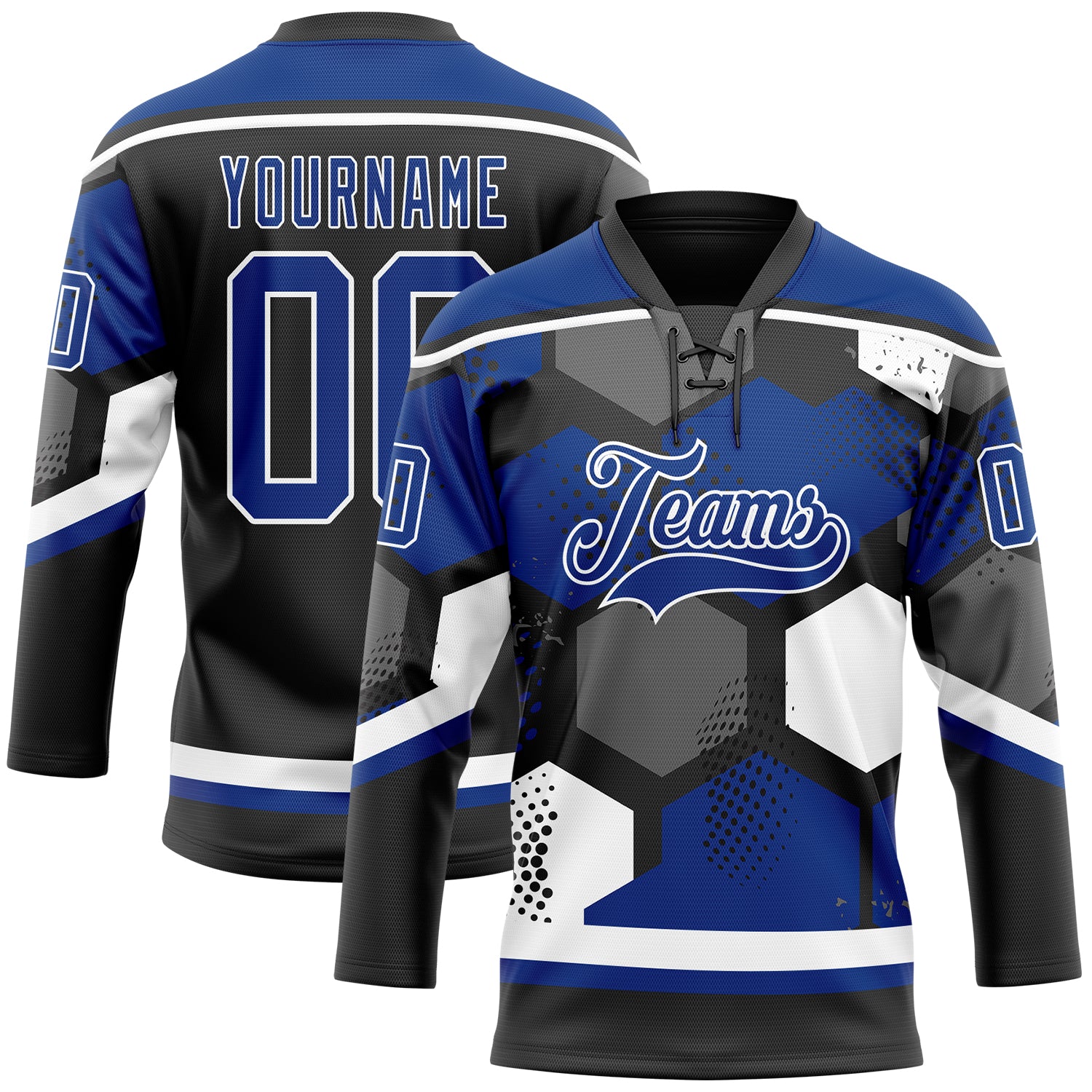 Custom Royal Black-White 3D Pattern Geometric Shape Hockey Lace Neck Jersey
