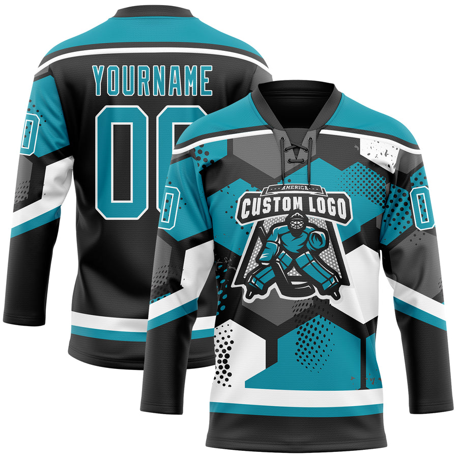 Custom Teal Black-White 3D Pattern Geometric Shape Hockey Lace Neck Jersey